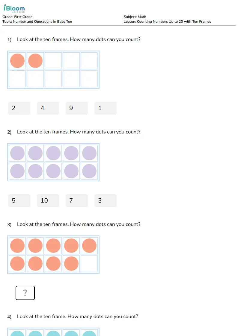 Counting Numbers Up to 20 with Ten Frames Lesson for First Grade