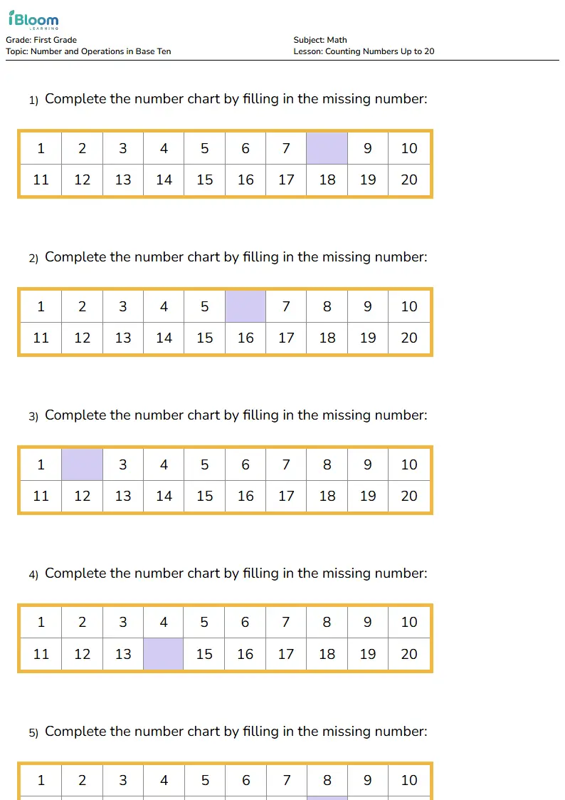 Counting Numbers Up to 20 Lesson for Grade 1