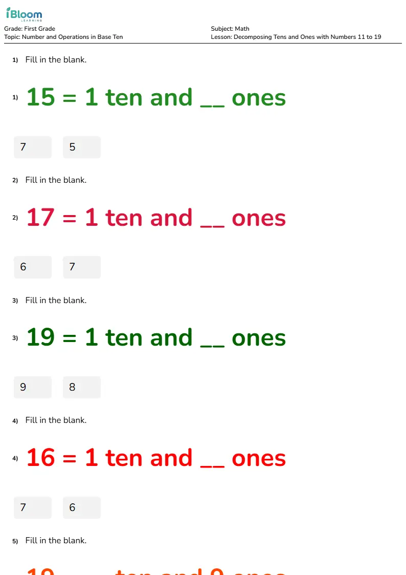Decomposing Tens and Ones with Numbers 11 to 19 Lesson for First Grade | iBloom