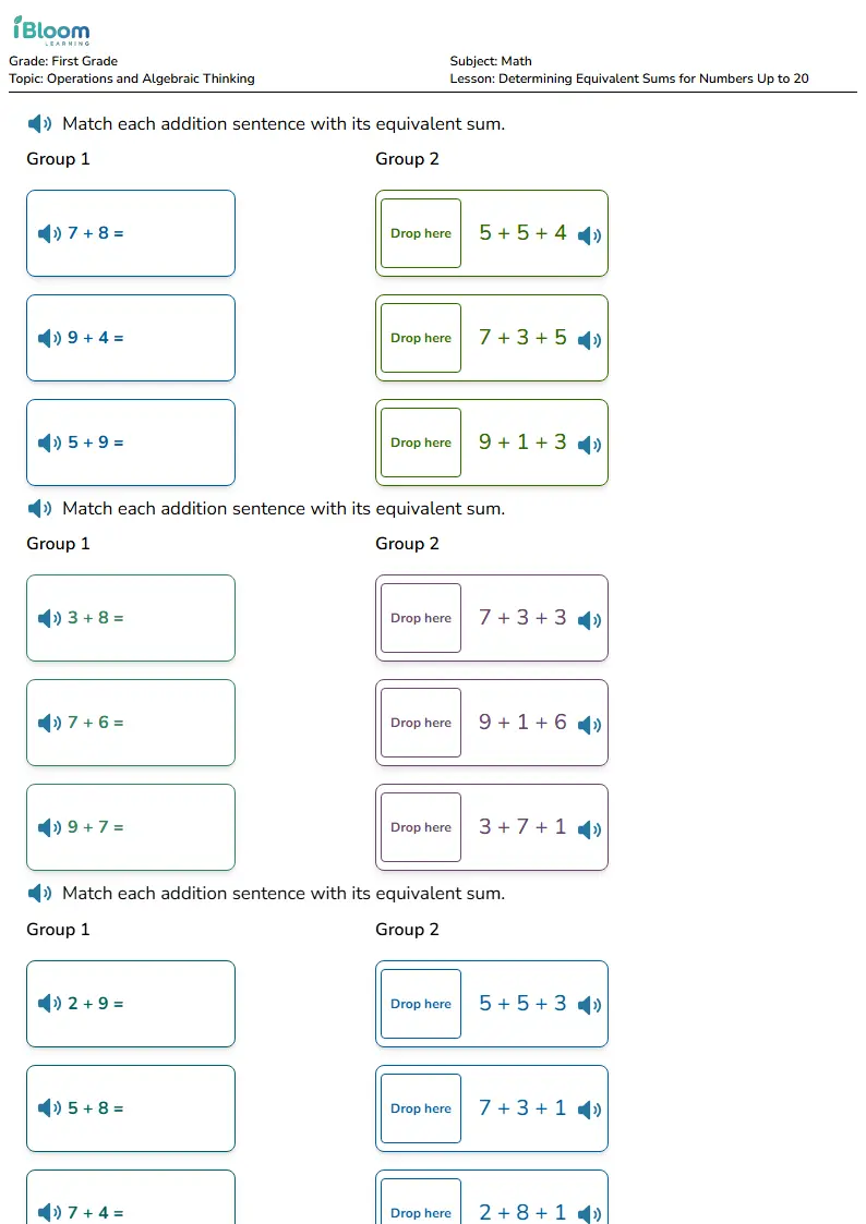 Determining Equivalent Sums for Numbers Up to 20 Lesson for First Grade | iBloom