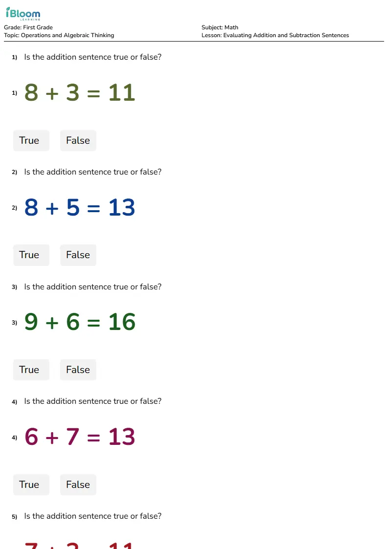 Evaluating Addition and Subtraction Sentences Lesson for First Grade | iBloom