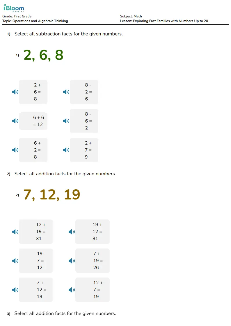 Exploring Fact Families with Numbers Up to 20 Lesson for First Grade | iBloom
