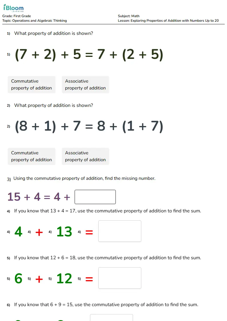 Exploring Properties of Addition with Numbers Up to 20 Lesson for First Grade | iBloom