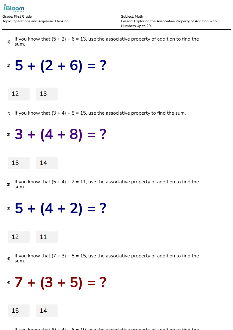 Exploring the Associative Property of Addition with Numbers Up to 20 Lesson for First Grade | iBloom