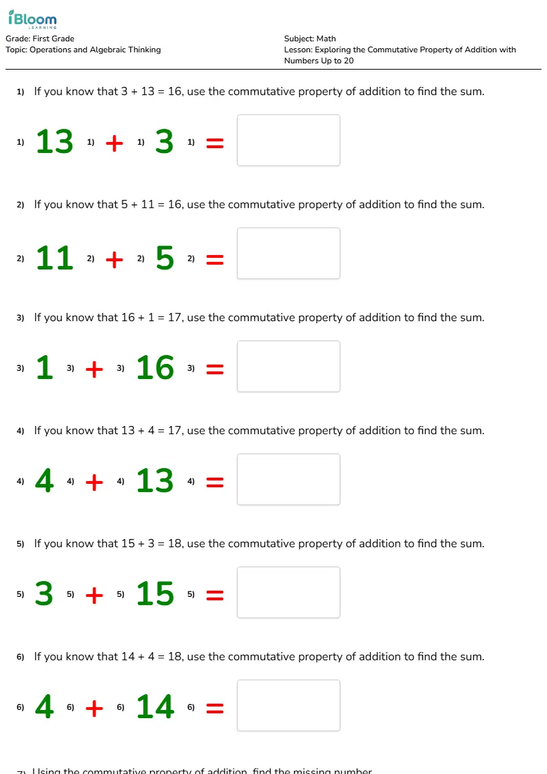 Exploring the Commutative Property of Addition with Numbers Up to 20 Lesson for First Grade | iBloom