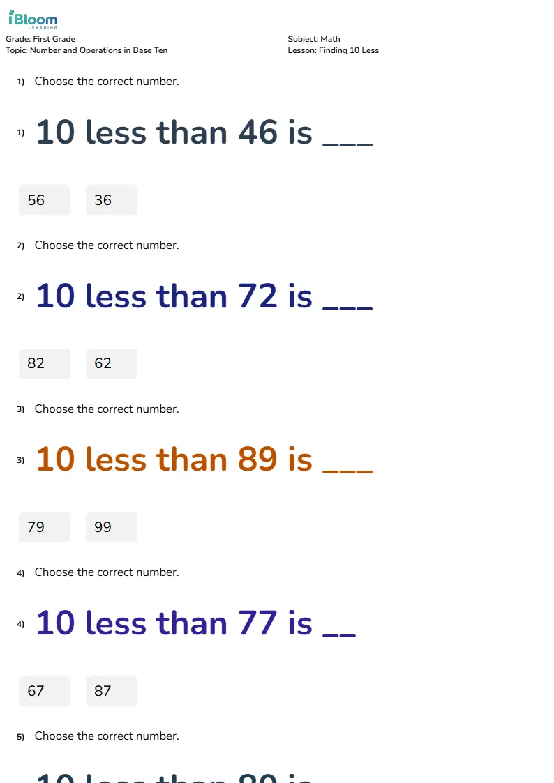 Finding 10 Less Lesson for First Grade | iBloom