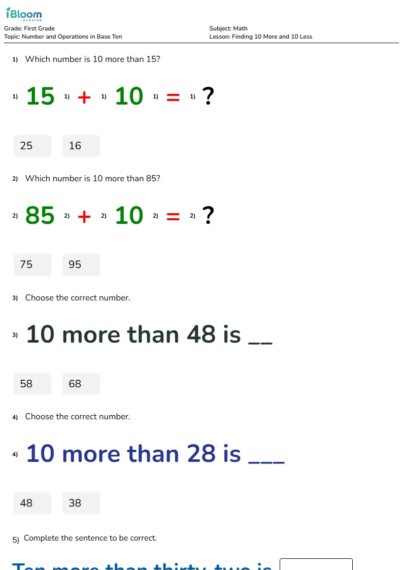 Finding 10 More and 10 Less Lesson for First Grade | iBloom