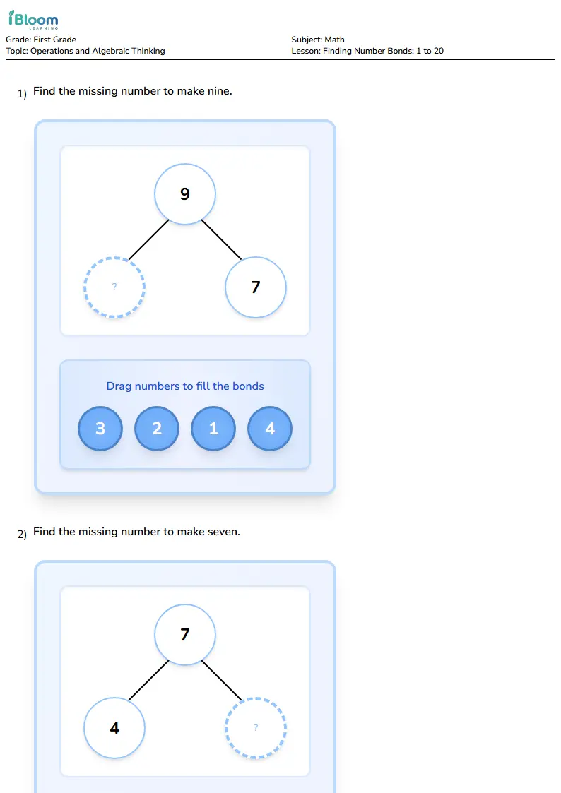 Finding Number Bonds: 1 to 20 Lesson for First Grade | iBloom