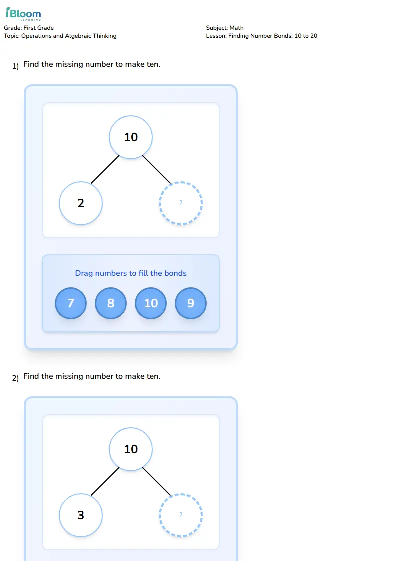 Finding Number Bonds: 10 to 20 Lesson for First Grade | iBloom