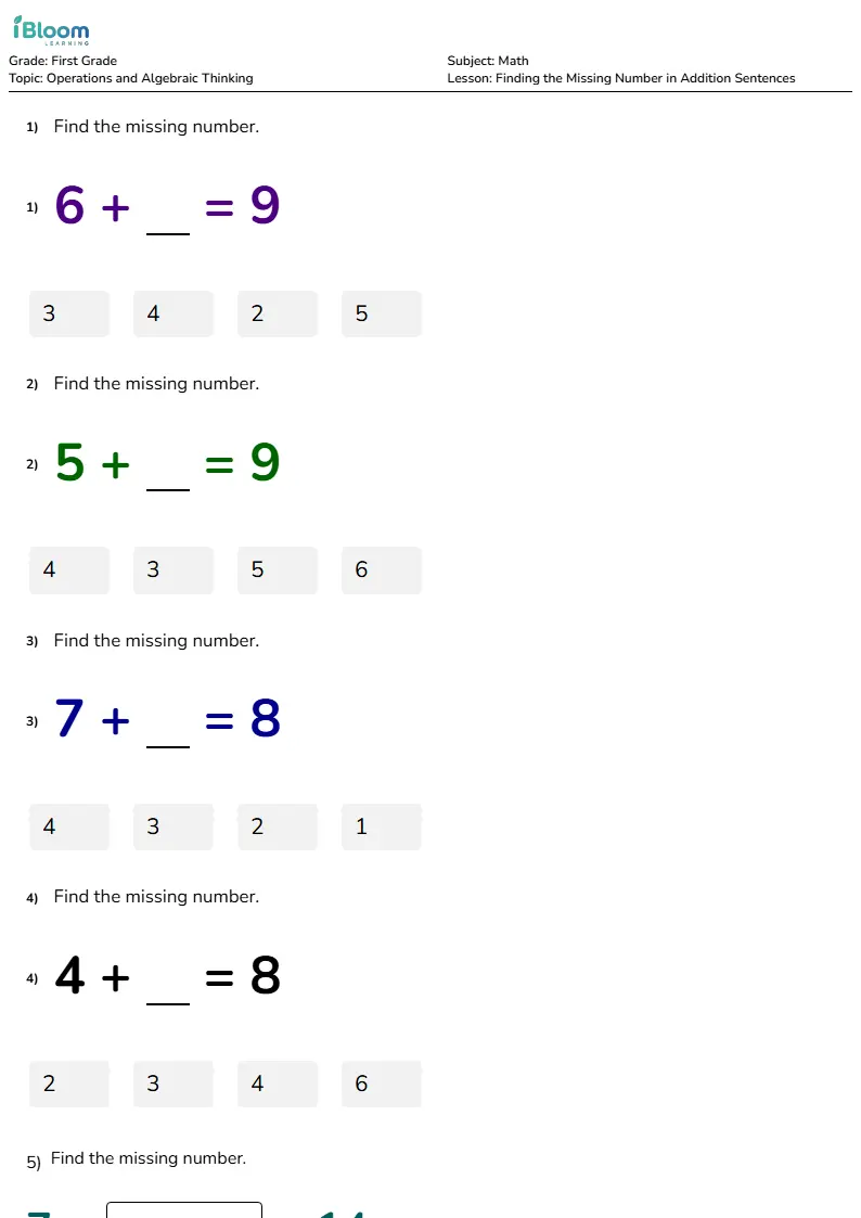 Finding the Missing Number in Addition Sentences Lesson for First Grade | iBloom