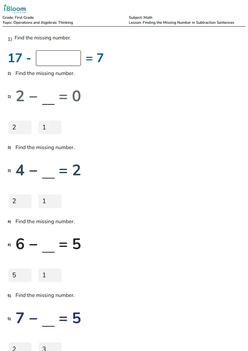 Finding the Missing Number in Subtraction Sentences Lesson for First Grade | iBloom