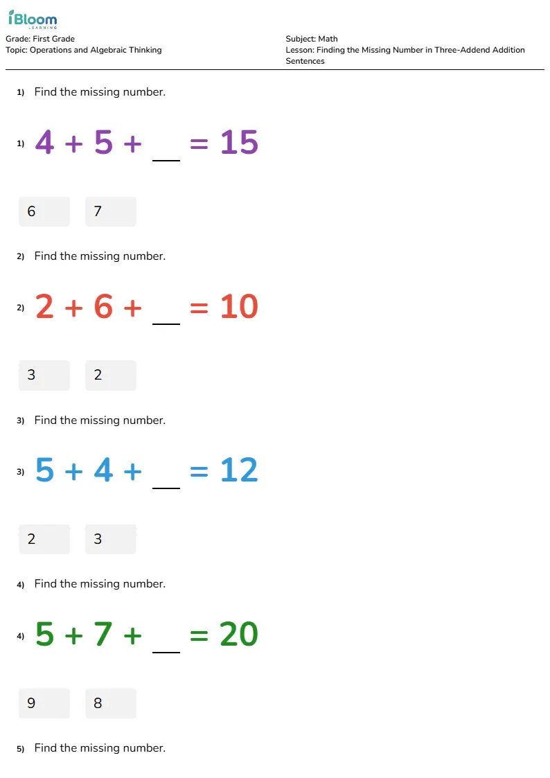 Finding the Missing Number in Three-Addend Addition Sentences Lesson for First Grade | iBloom