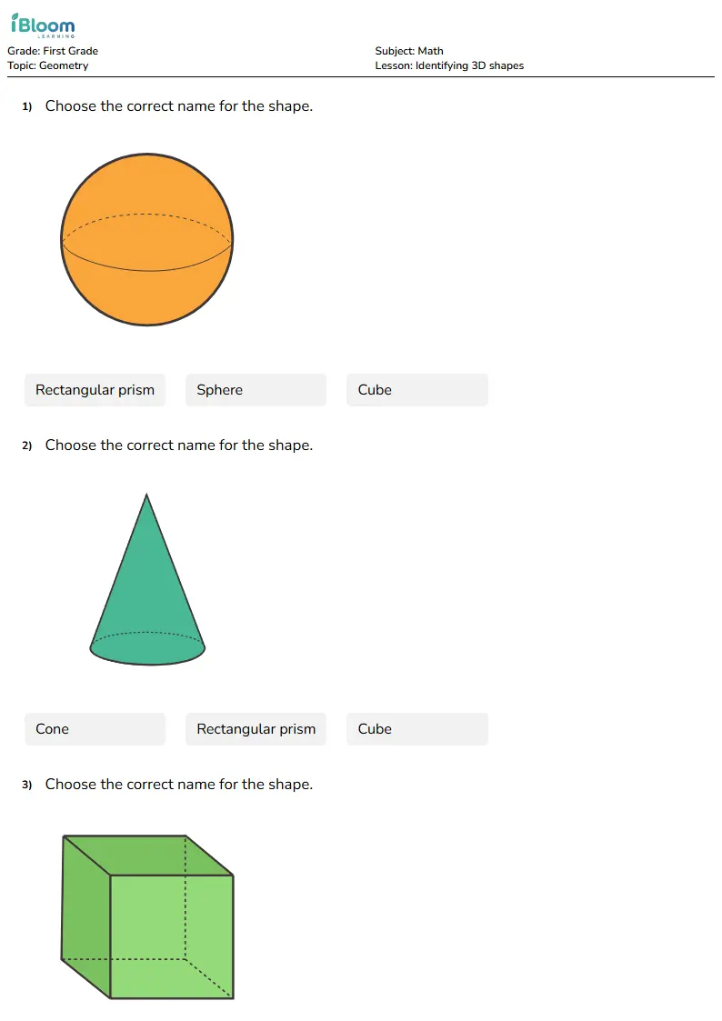 Identifying 3D shapes Lesson for First Grade | iBloom