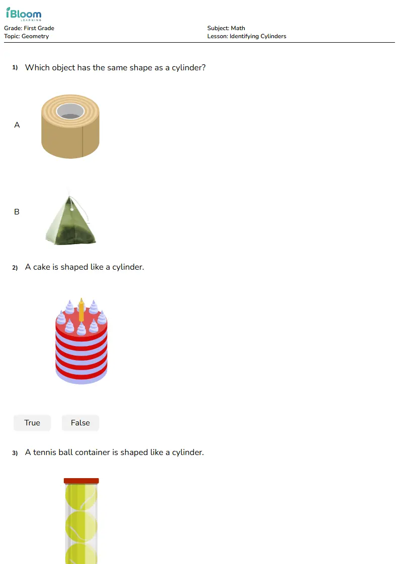 Identifying Cylinders Lesson for First Grade | iBloom