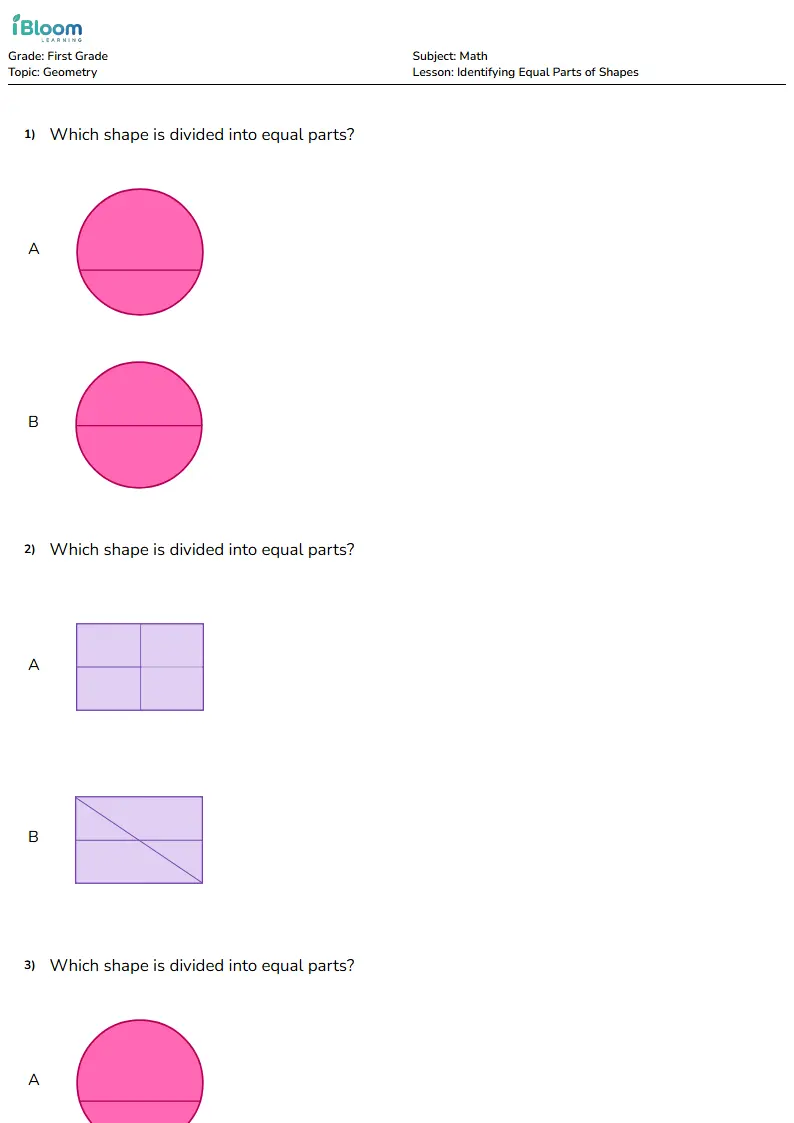 Identifying Equal Parts of Shapes Lesson for First Grade | iBloom