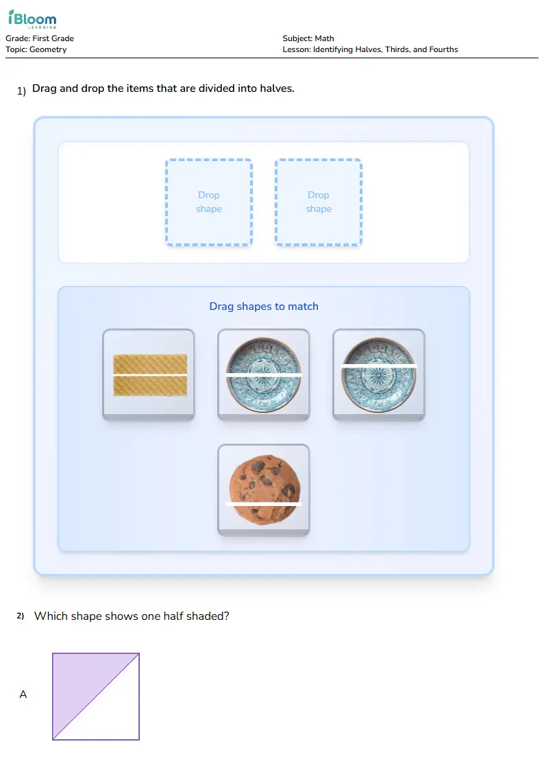 Identifying Halves, Thirds, and Fourths Lesson for First Grade | iBloom