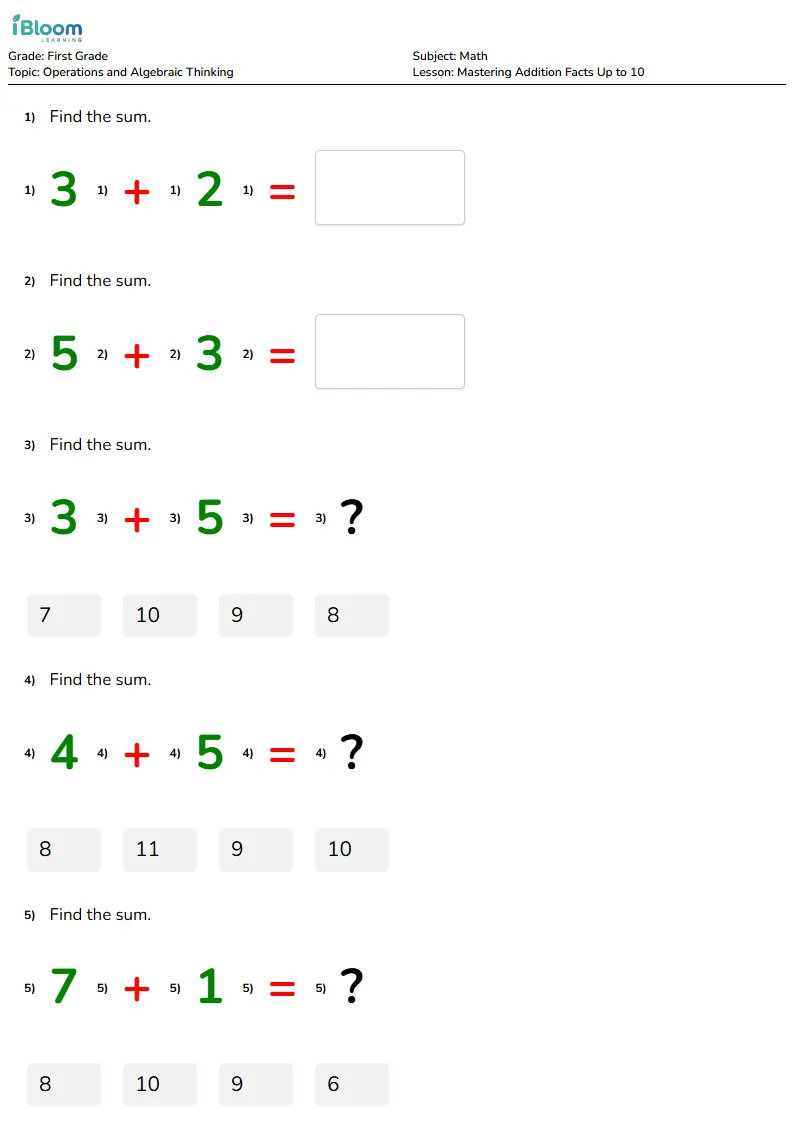 Mastering Addition Facts Up to 10 Lesson for First Grade | iBloom