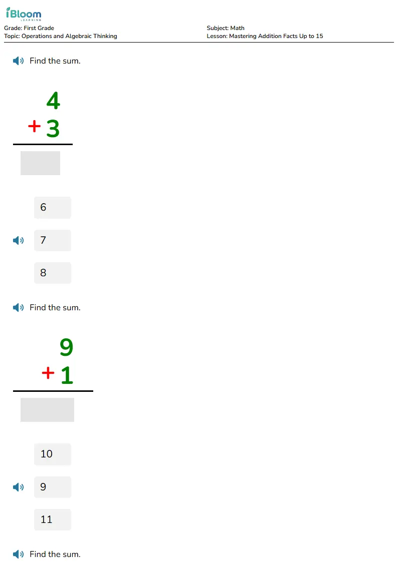 Mastering Addition Facts Up to 15 Lesson for First Grade | iBloom