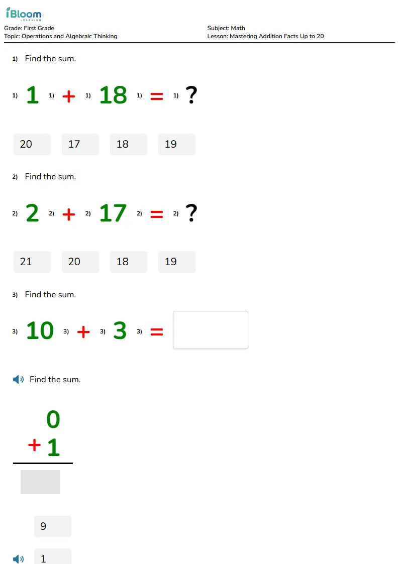 Mastering Addition Facts Up to 20 Lesson for First Grade | iBloom