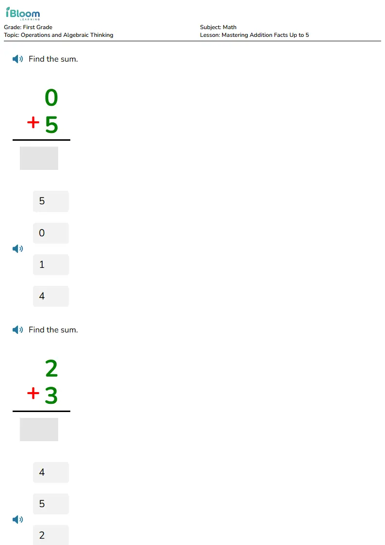 Mastering Addition Facts Up to 5 Lesson for First Grade | iBloom