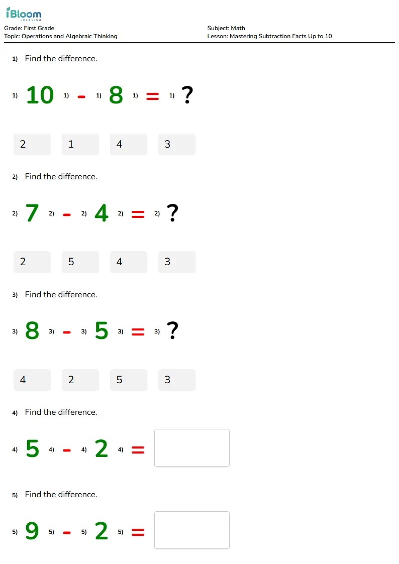 Mastering Subtraction Facts Up to 10 Lesson for First Grade | iBloom