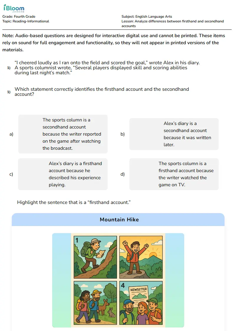 Analyze differences between firsthand and secondhand accounts Lesson for Fourth Grade