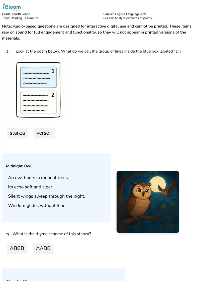 Analyze elements of poetry Lesson for Fourth Grade