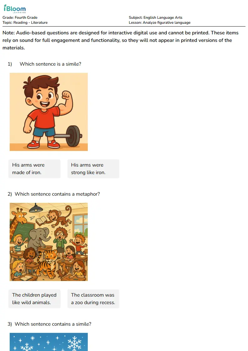 Analyze figurative language Lesson for Fourth Grade