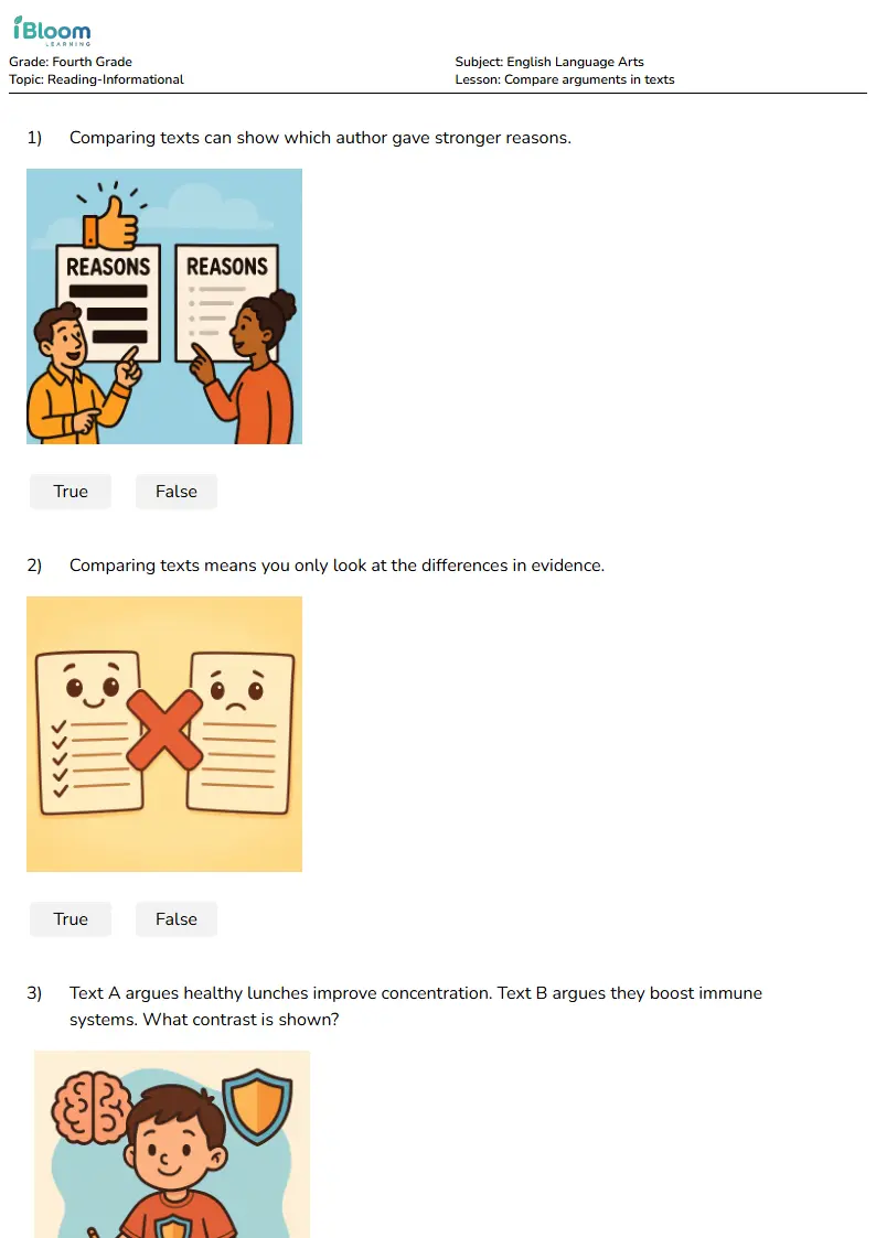 Compare arguments in texts Lesson for Fourth Grade