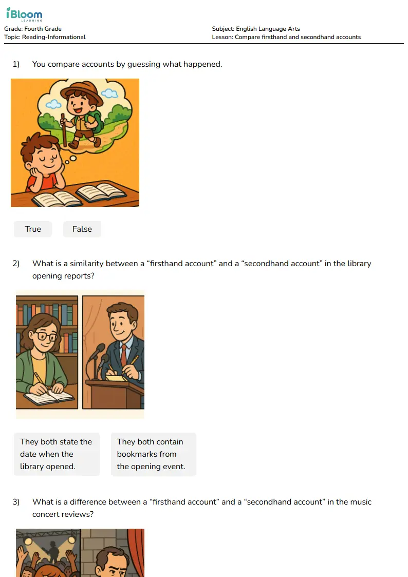 Compare firsthand and secondhand accounts Lesson for Fourth Grade