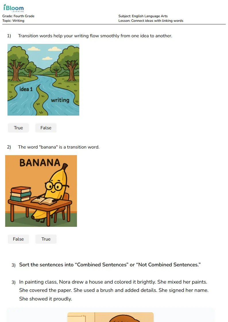 Connect ideas with linking words Lesson for Fourth Grade
