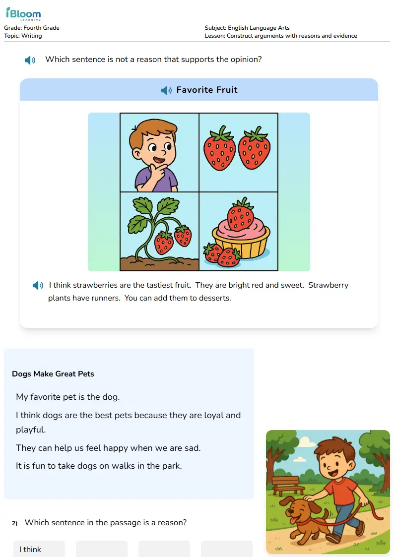 Construct arguments with reasons and evidence Lesson for Fourth Grade