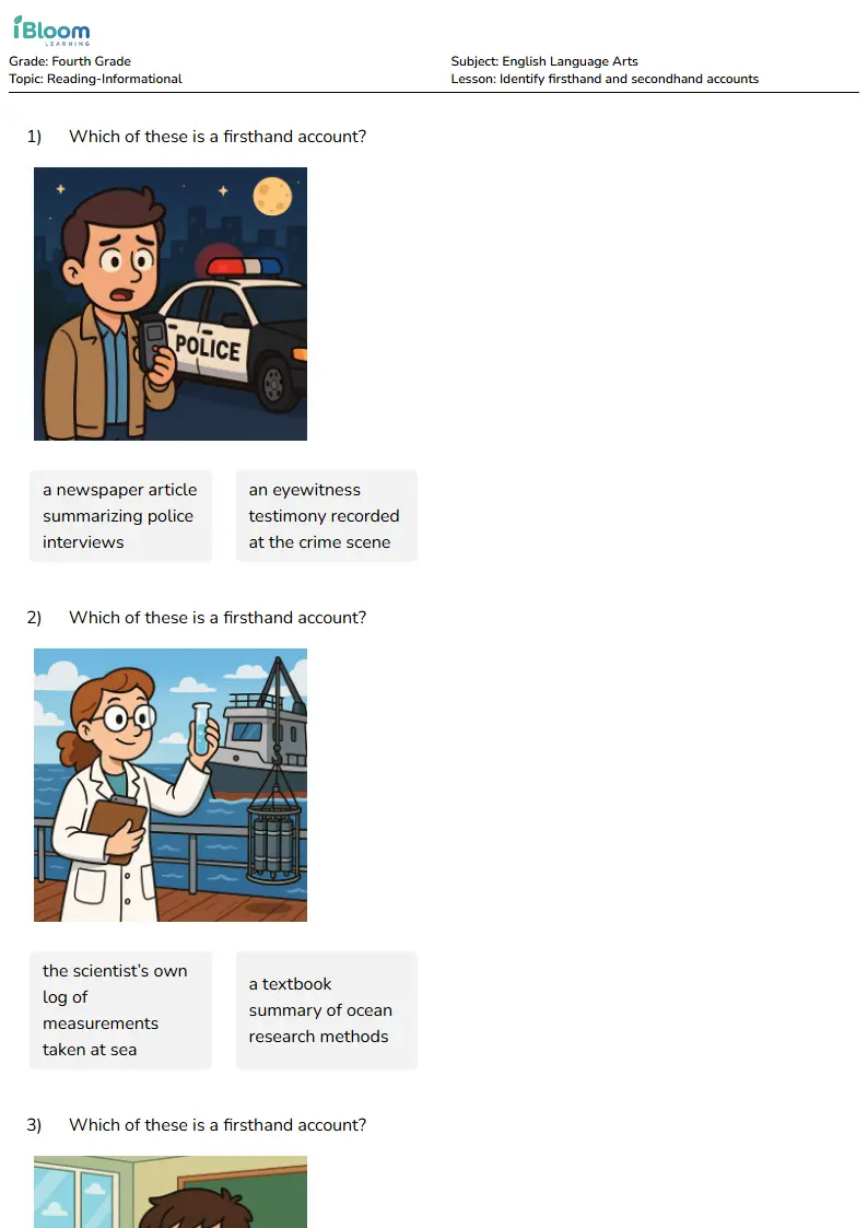Identify firsthand and secondhand accounts Lesson for Fourth Grade | iBloom