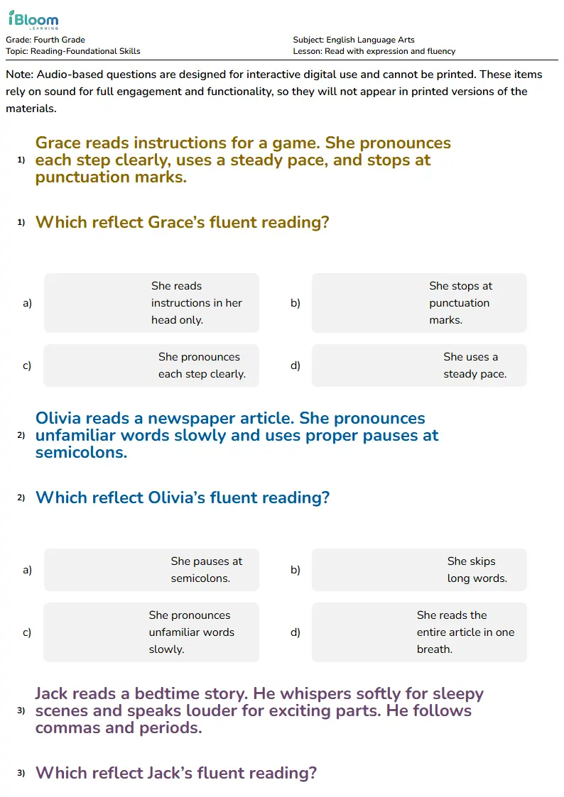 Read with expression and fluency Lesson for Fourth Grade | iBloom