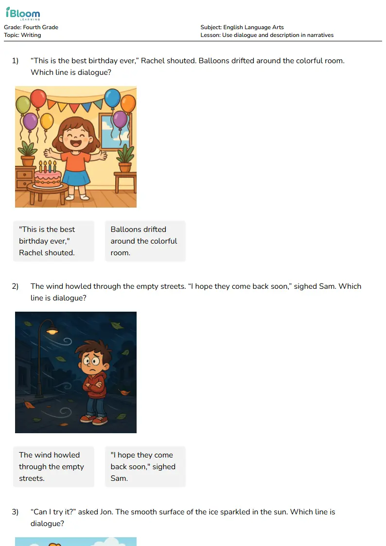 Use dialogue and description in narratives Lesson for Fourth Grade | iBloom