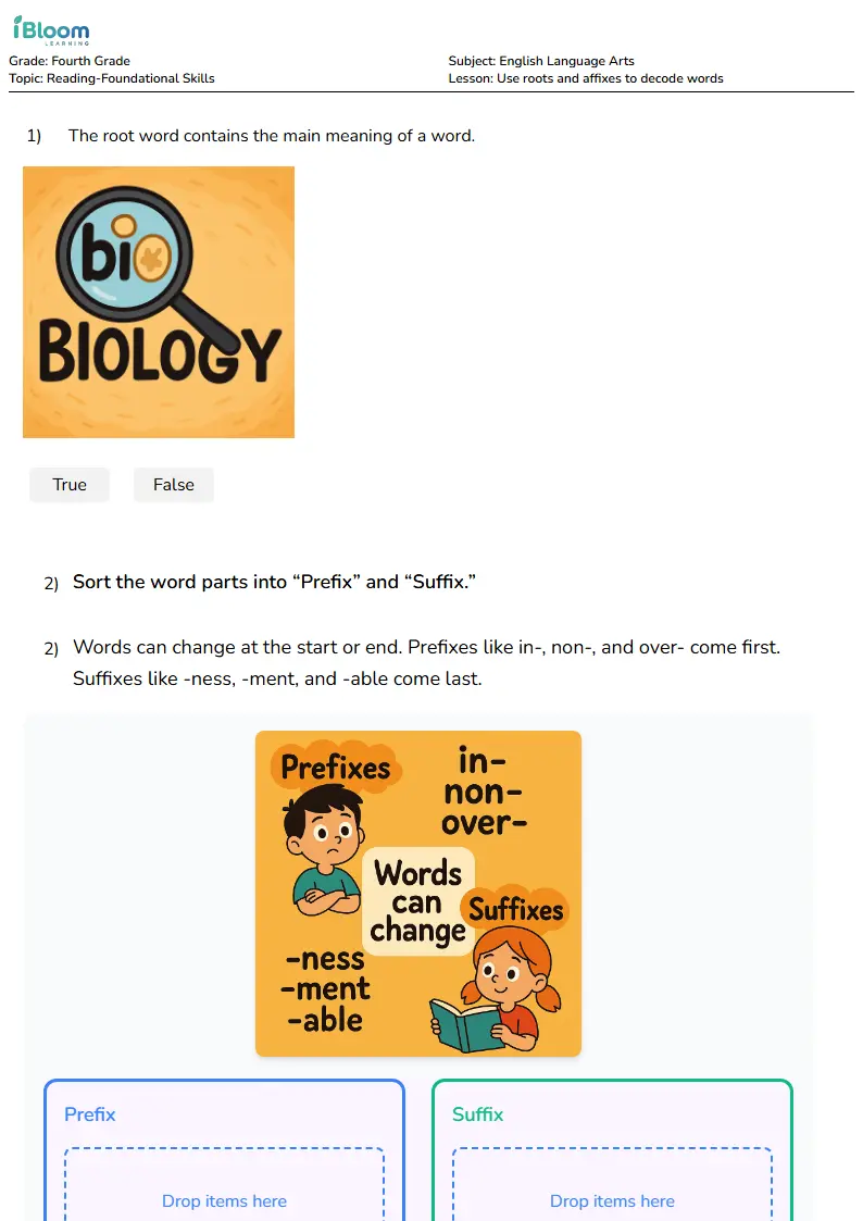 Use roots and affixes to decode words Lesson for Fourth Grade | iBloom
