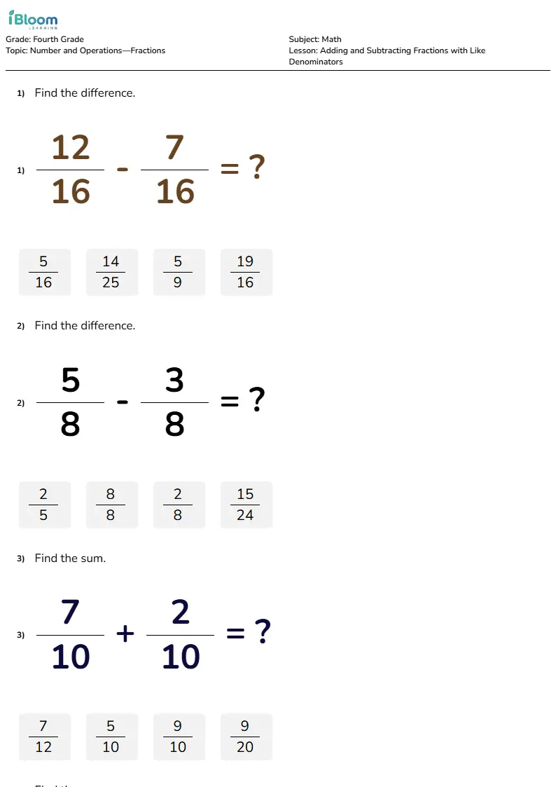 Adding and Subtracting Fractions with Like Denominators Lesson for Fourth Grade