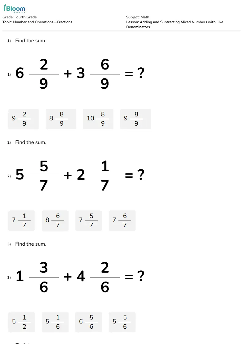 Adding and Subtracting Mixed Numbers with Like Denominators Lesson for Fourth Grade