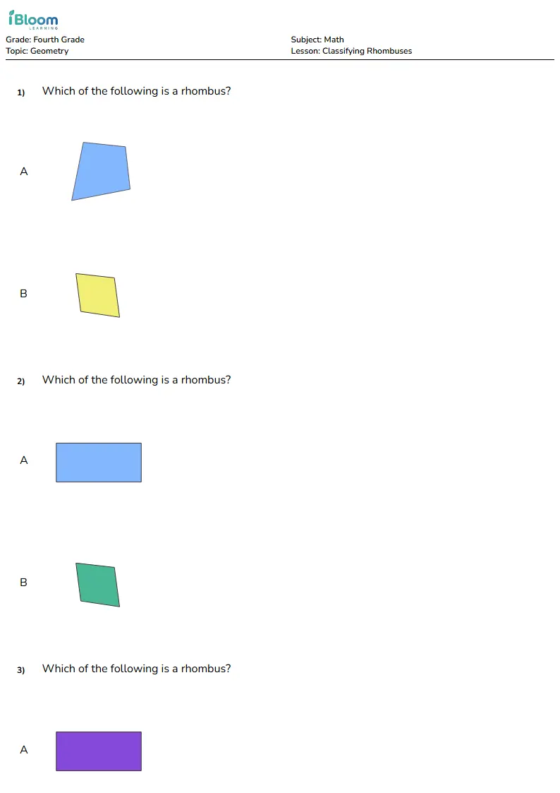 Classifying Rhombuses Lesson for Fourth Grade