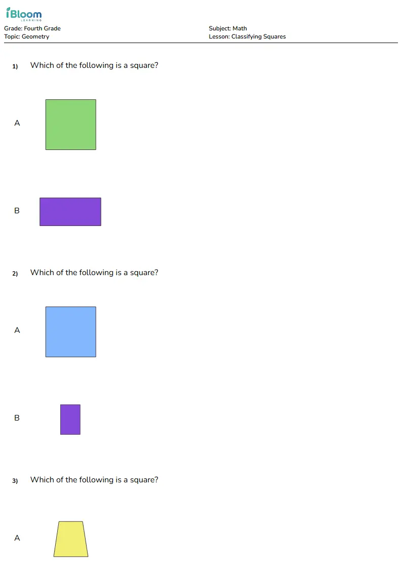 Classifying Squares Lesson for Fourth Grade