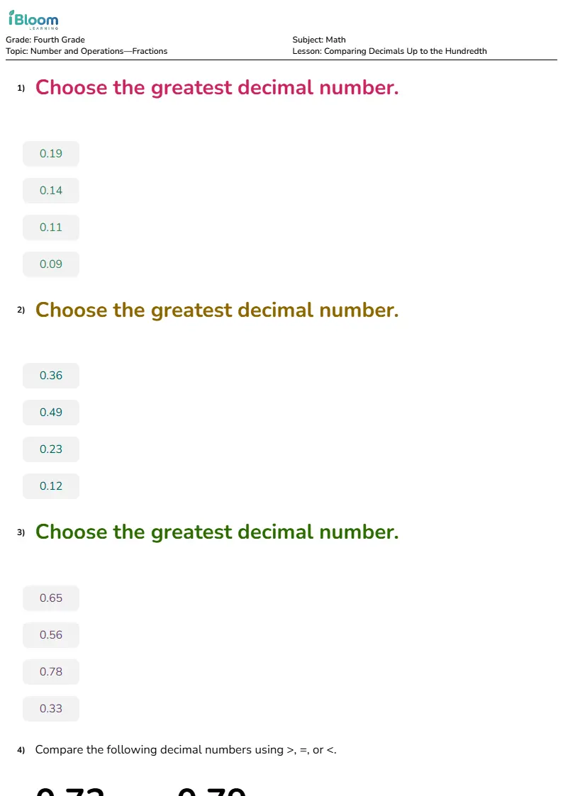Comparing Decimals Up to the Hundredth Lesson for Fourth Grade