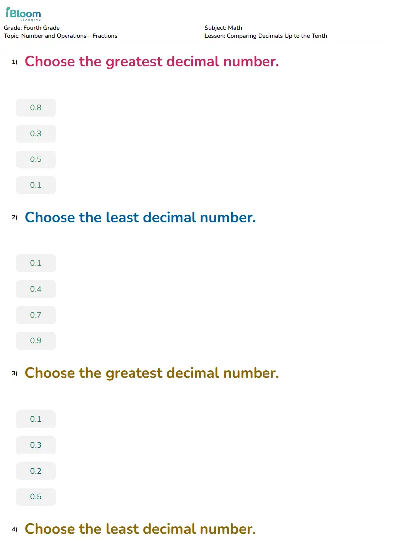 Comparing Decimals Up to the Tenth Lesson for Fourth Grade
