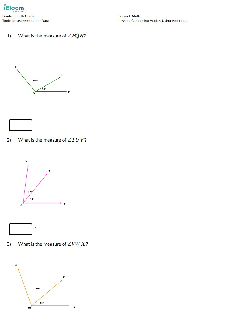 Composing Angles Using Additition Lesson for Fourth Grade