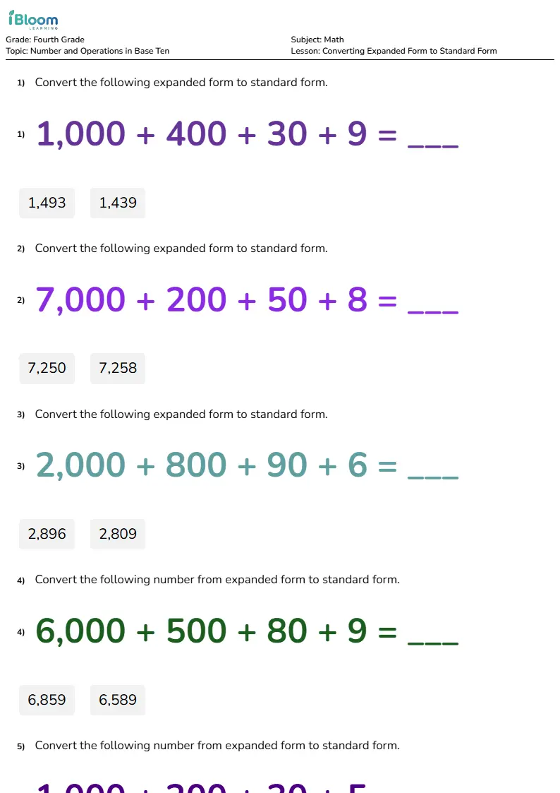 Converting Expanded Form to Standard Form Lesson for Fourth Grade