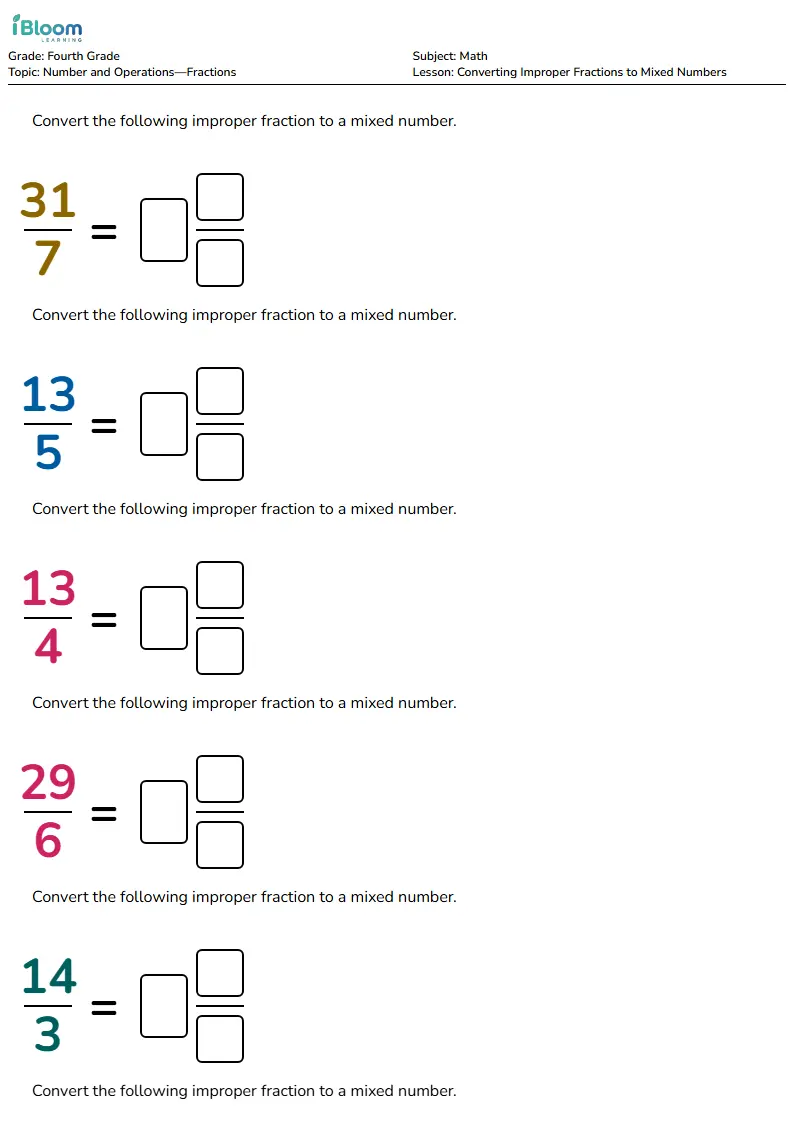 Converting Improper Fractions to Mixed Numbers Lesson for Fourth Grade