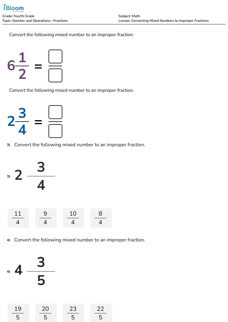 Converting Mixed Numbers to Improper Fractions Lesson for Fourth Grade