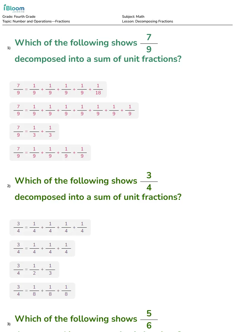 Decomposing Fractions Lesson for Fourth Grade