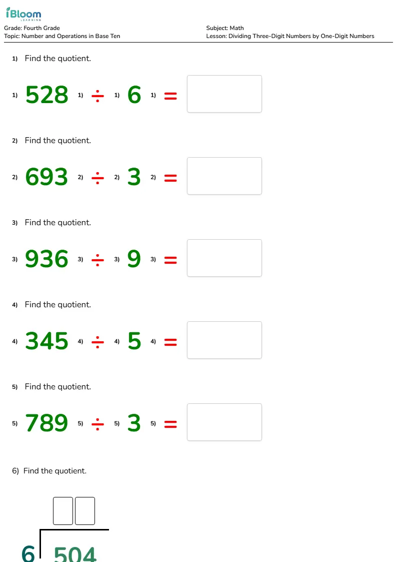 Dividing Three-Digit Numbers by One-Digit Numbers Lesson for Fourth Grade | iBloom