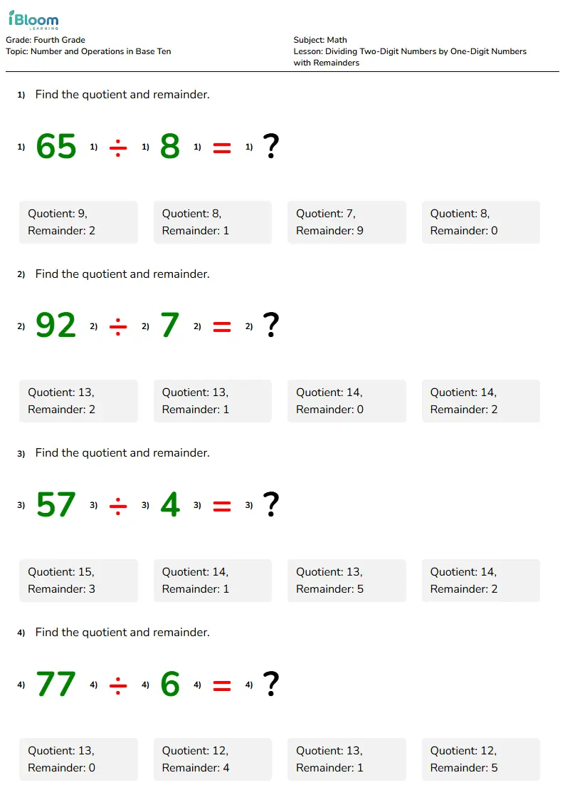 Dividing Two-Digit Numbers by One-Digit Numbers with Remainders Lesson for Fourth Grade | iBloom