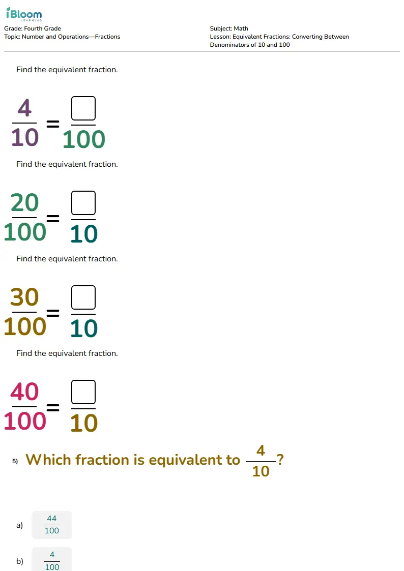 Equivalent Fractions: Converting Between Denominators of 10 and 100 Lesson for Fourth Grade | iBloom